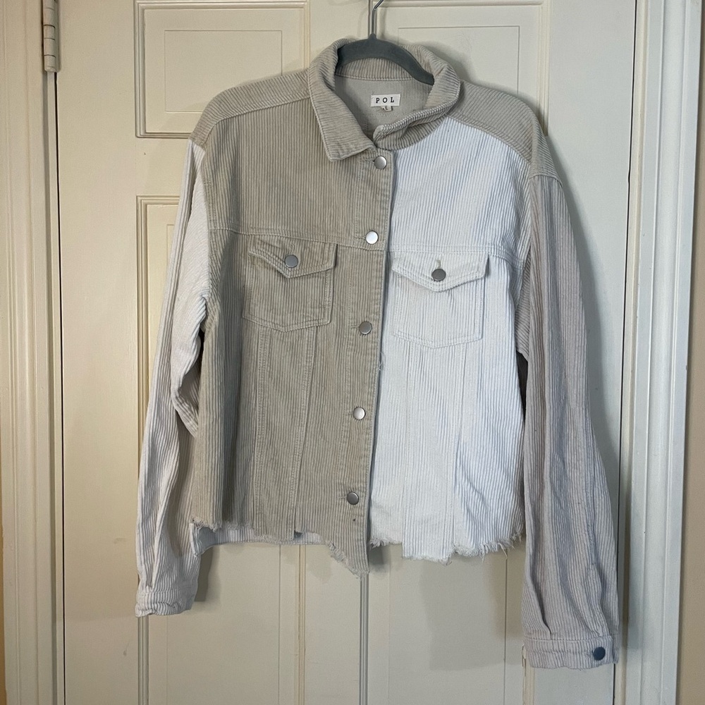 POL Corduroy Raw Cropped Color Block  Tan White  Button Up Jacket Women Sz Large